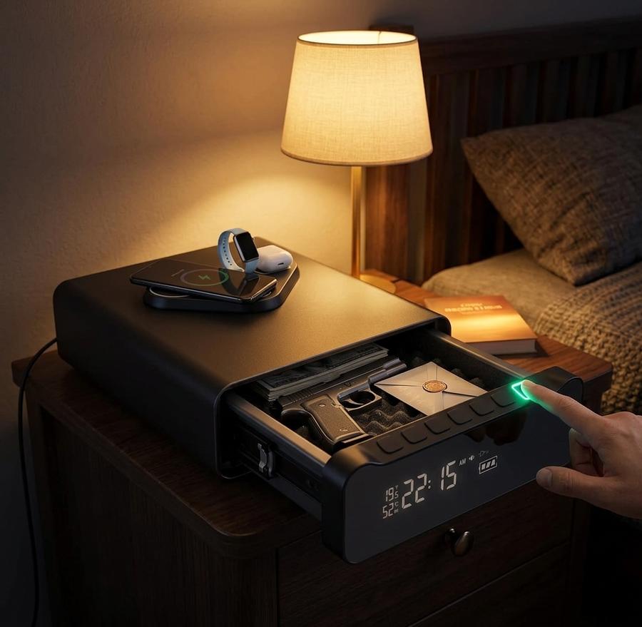 BBRKIN compact safe staged on a low-profile nightstand