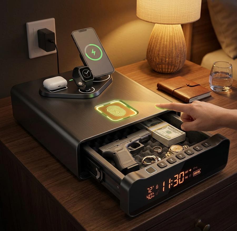 Phone, watch, and earbuds charging on the safe top surface